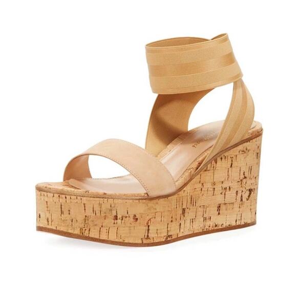 Gianvito Rossi Cork Wedge Sandals Nude Elastic Ankle Strap Size 36 US 6 - Picture 1 of 9